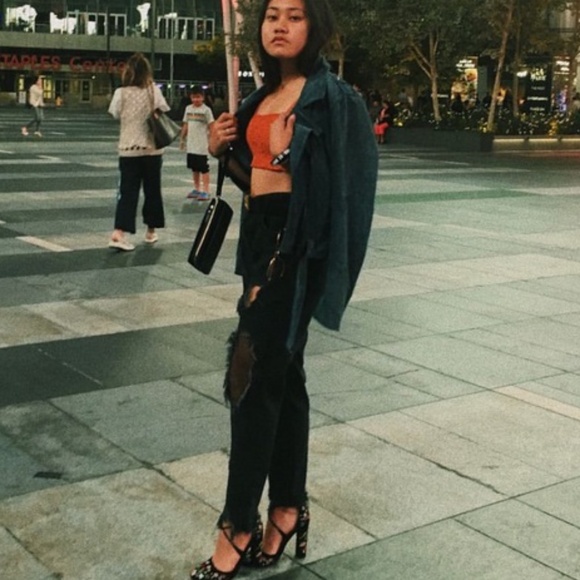 Zara High Rise Black Distressed Fishnet frayed hem Jeans Goth Grunge - Picture 5 of 14